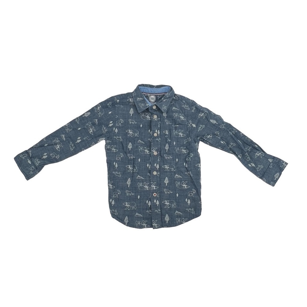 Wonder Nation Blue Long Sleeve Button Up Forest Animal Print Shirt Size 5T Boy’s